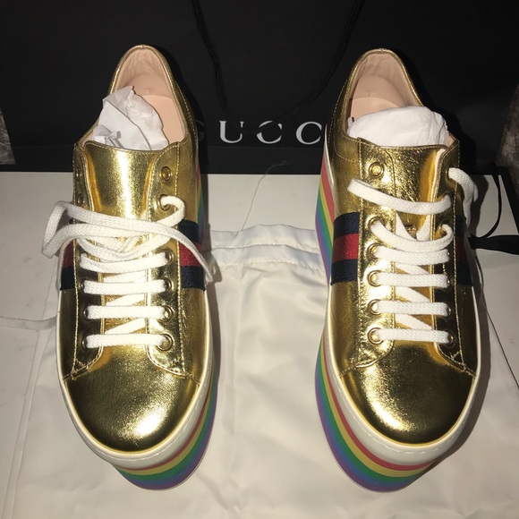 Gucci Peggy Platform Sneaker Metallic Gold Rainbow - Picture 5 of 5